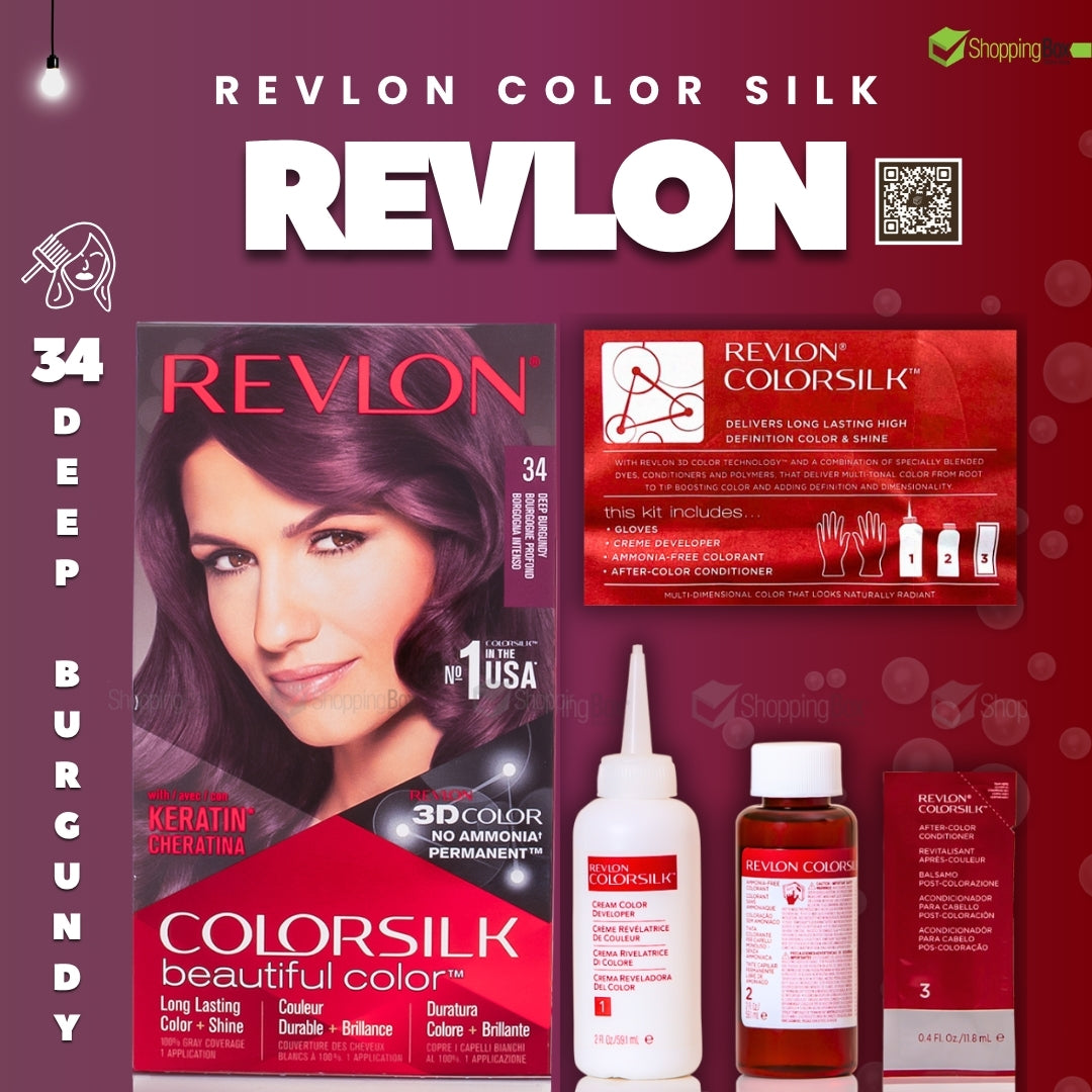 Revlon Color Silk hair dye kit in shade 34 Deep Burgundy, featuring the product box, a card, a white mixing bottle, a brown liquid bottle, and a small box on a dark burgundy background.