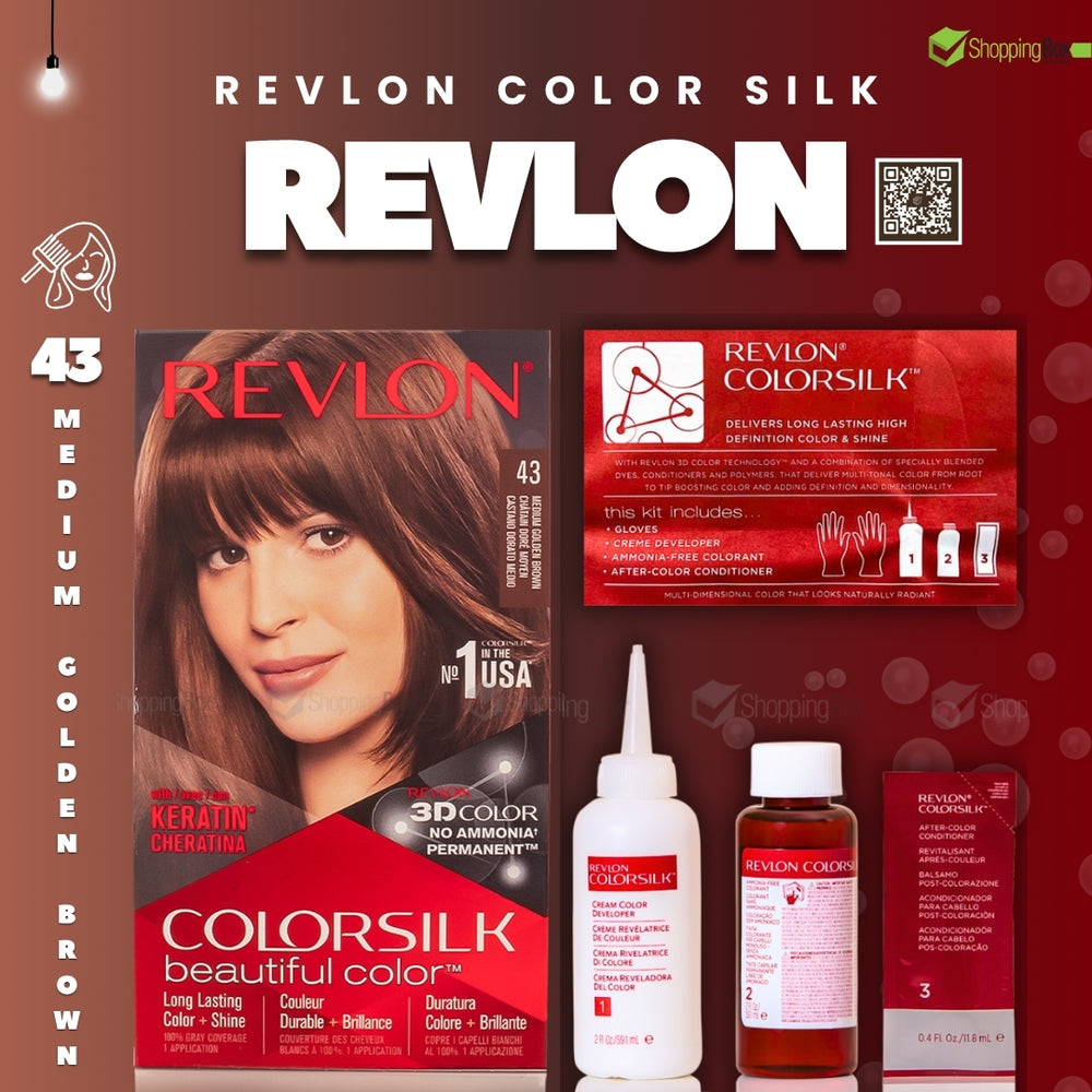 Revlon Color Silk hair dye kit in medium golden brown shade 43, featuring the hair color box, color analysis card, developer bottle, color cream bottle, and final color result card on a dark red background.