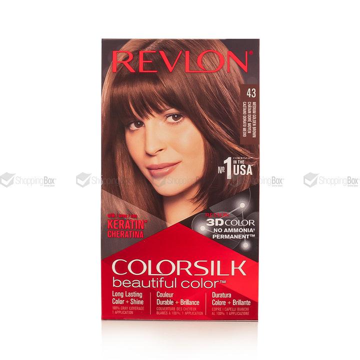 A box of Revlon Colorsilk Beautiful Color hair dye in shade 43, featuring a model with medium brown hair on the front packaging.
