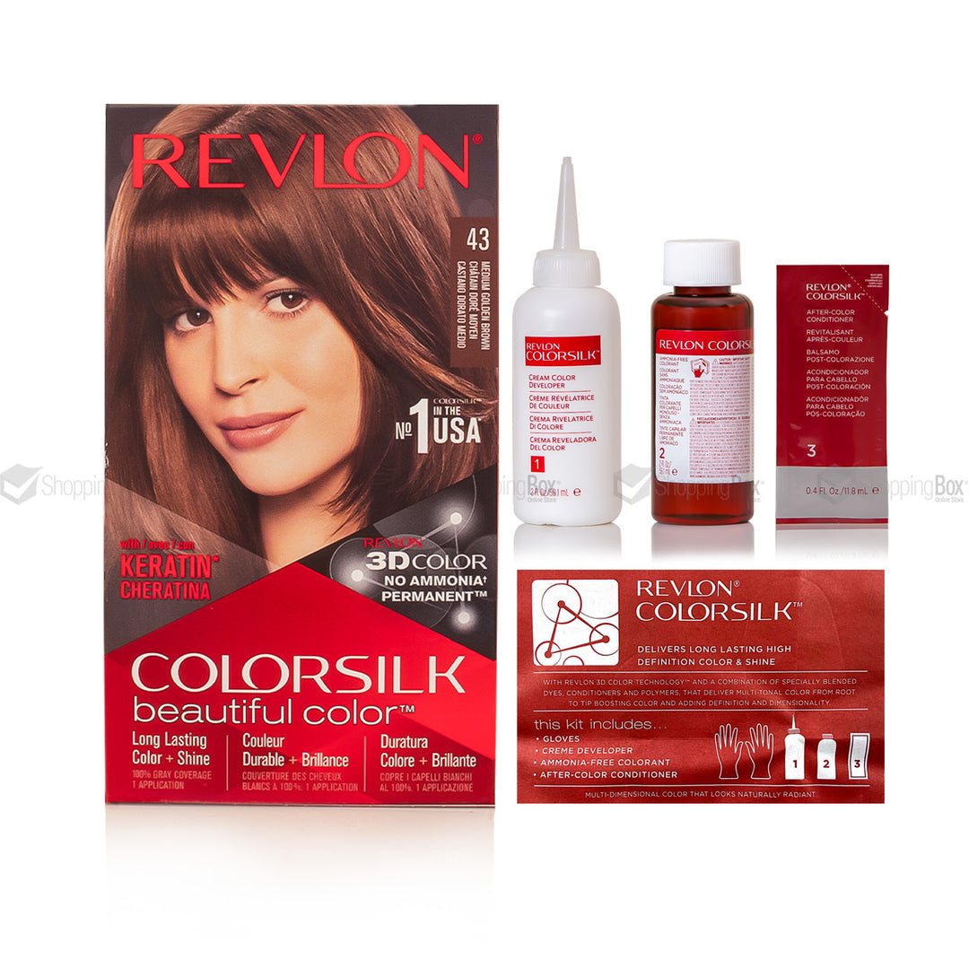 Revlon Colorsilk hair dye kit in shade 43, featuring the main hair color box with a model photo, a bottle of developer, a bottle of dye, a small box, and an instruction card on a white background.