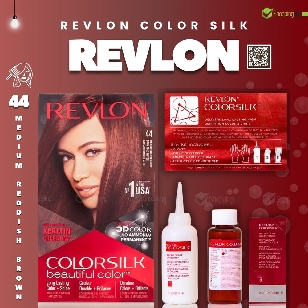 Revlon Color Silk hair dye kit in shade 44 Medium Reddish Brown, featuring the hair color box, a red applicator card, a white bottle, a brown bottle, and a red box on a dark red background.