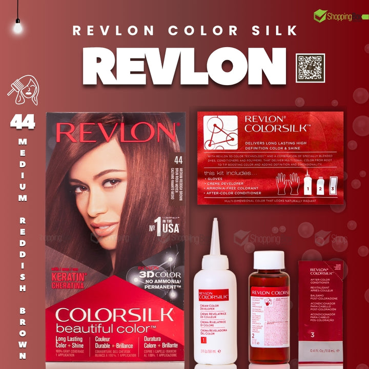 Revlon Color Silk hair dye kit in shade 44 Medium Reddish Brown, featuring the hair color box, a red applicator card, a white bottle, a brown bottle, and a red box on a dark red background.