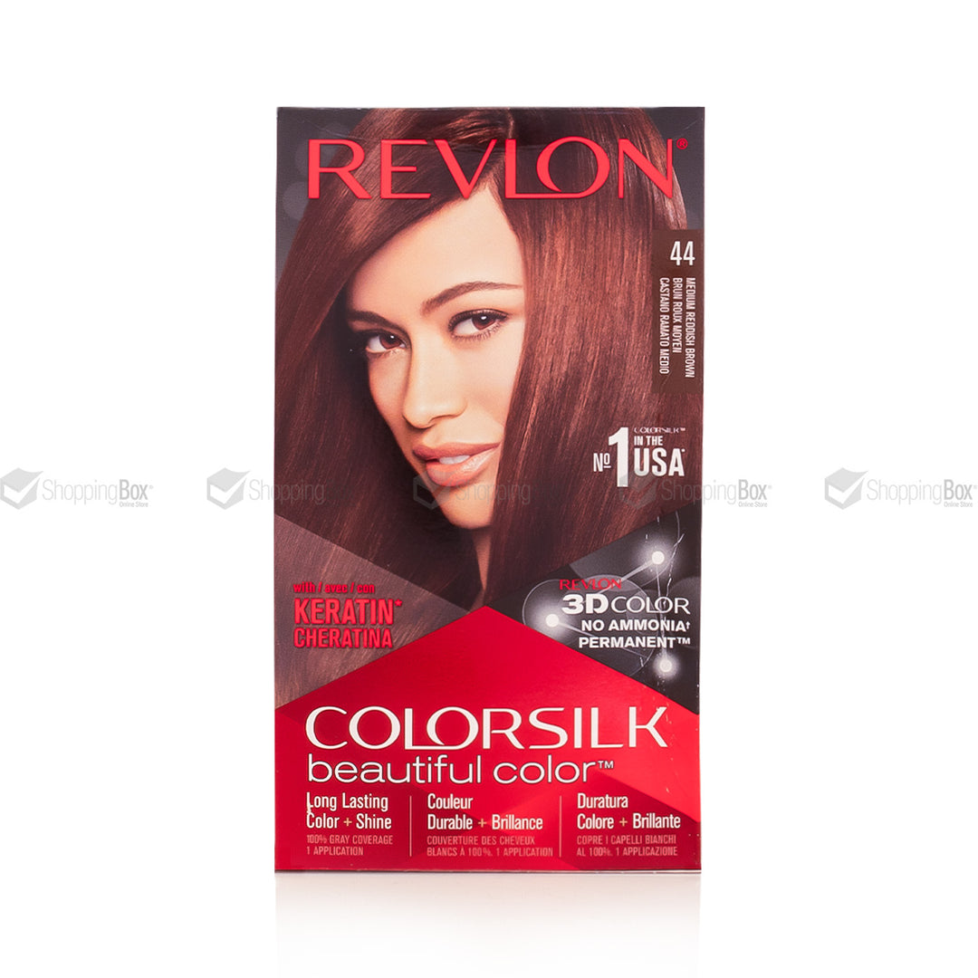 A box of Revlon Colorsilk hair dye in shade 44, featuring a model with long, straight dark brown hair on the front of the packaging.