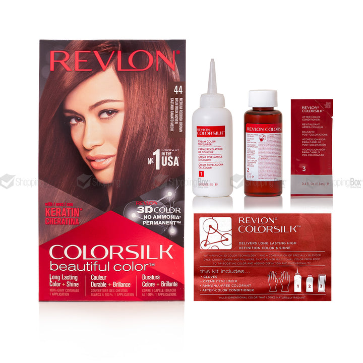 Revlon Colorsilk hair dye kit in shade 44, featuring the main hair color box, a white mixing bottle, a brown liquid bottle, a small red box, and an instruction card on a white background.