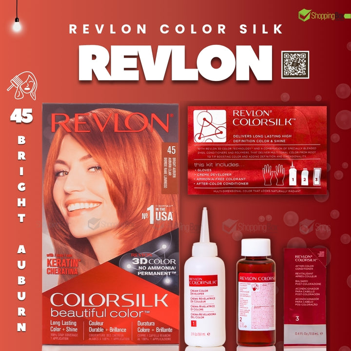 Revlon Color Silk hair dye kit in shade 45 Bright Auburn, featuring the hair color box, a bottle of developer, a bottle of coloring cream, and a box of application tools on a red branded background.