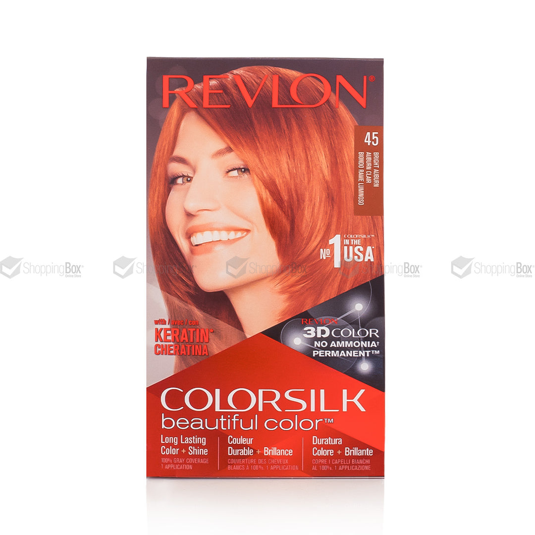 A box of Revlon Colorsilk permanent hair dye in shade 45, featuring a smiling woman with auburn hair on the front of the packaging.