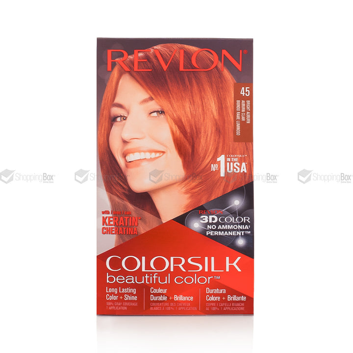 A box of Revlon Colorsilk permanent hair dye in shade 45, featuring a smiling woman with auburn hair on the front of the packaging.