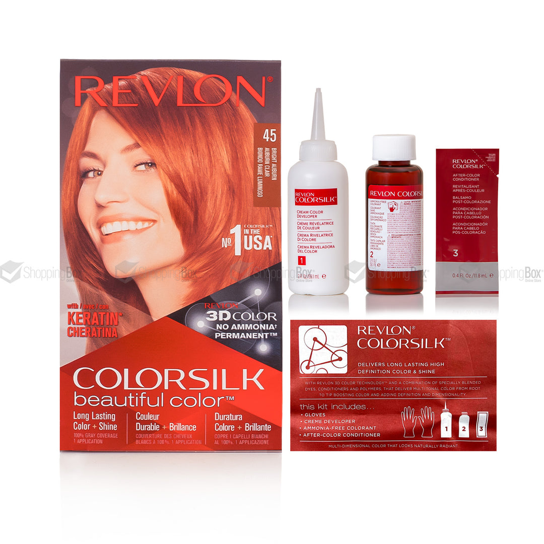 Revlon Colorsilk hair dye kit in shade 45, featuring the main product box, a bottle of developer, a bottle of dye, a small box, and an applicator brush, all on a white background.
