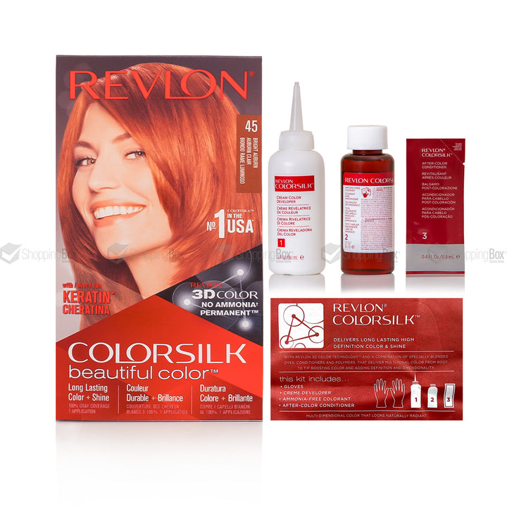 Revlon Colorsilk hair dye kit in shade 45, featuring the main product box, a bottle of developer, a bottle of dye, a small box, and an applicator brush, all on a white background.
