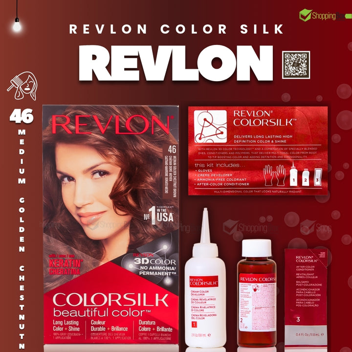 Revlon Color Silk permanent hair color kit in Medium Golden Chestnut shade 46, featuring the hair color box, color analysis card, white bottle, amber bottle, and applicator on a dark red background.