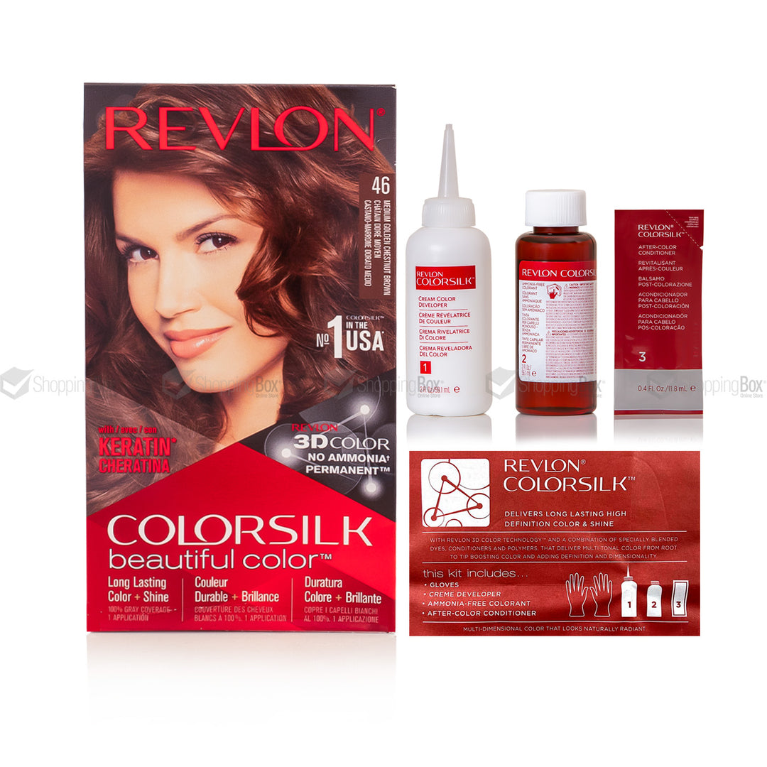 Revlon Colorsilk hair dye kit with hair color box, developer bottle, color cream bottle, and applicator brush on a white background.