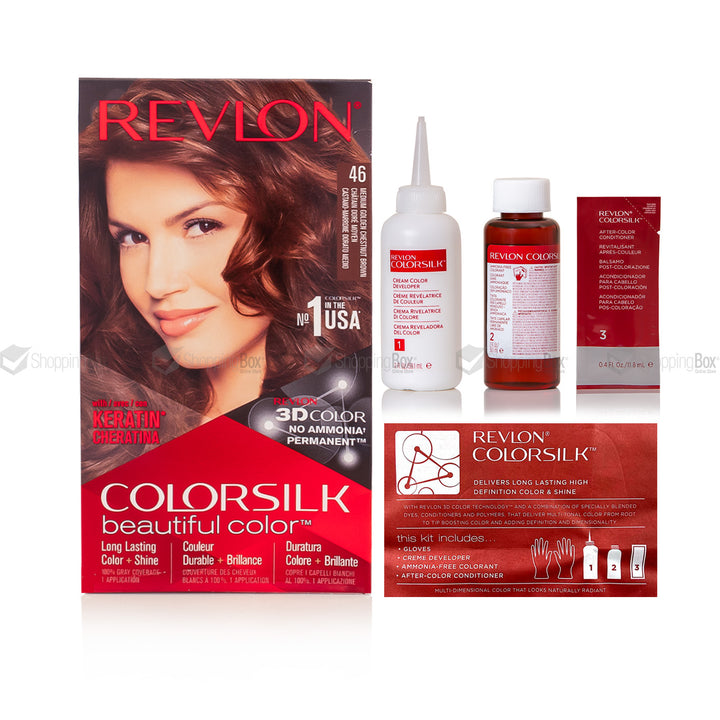 Revlon Colorsilk hair dye kit with hair color box, developer bottle, color cream bottle, and applicator brush on a white background.