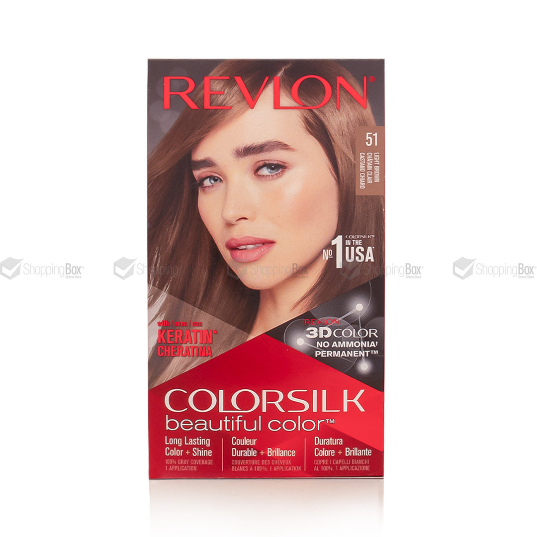 A box of Revlon Colorsilk permanent hair color in shade 51, featuring a model with light brown hair on the front of the packaging.