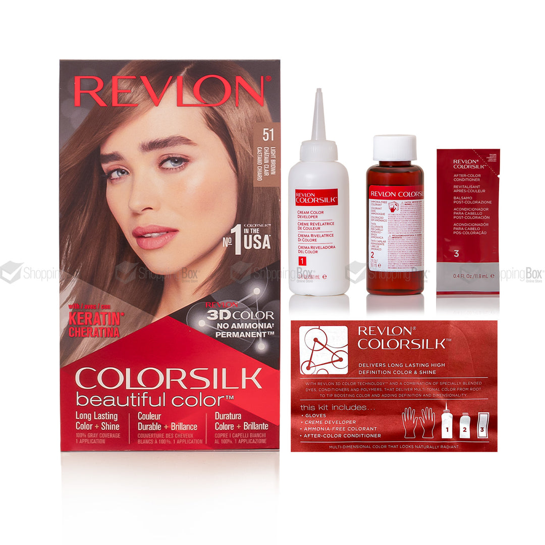 Revlon Colorsilk hair dye kit with hair color box, developer bottle, applicator bottle, and packaging on a white background.