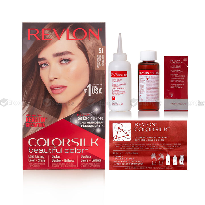 Revlon Colorsilk hair dye kit with hair color box, developer bottle, applicator bottle, and packaging on a white background.