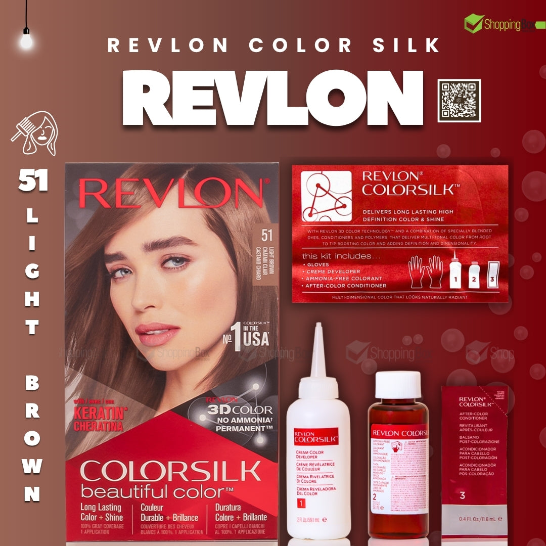 Revlon Color Silk permanent hair color kit in shade 51 Light Brown, featuring the hair color box, a red product card, a white bottle, a brown bottle, and a red box on a dark brown background.