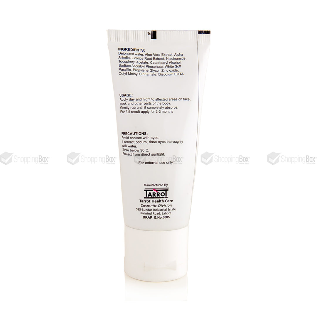 White tube with black text on a white background