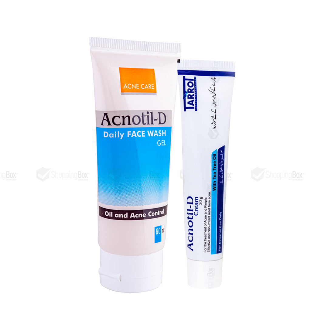 Two skincare products, Acnotil-D Daily Face Wash and Acnotil-D Cream, in packaging with branding and product information displayed.
