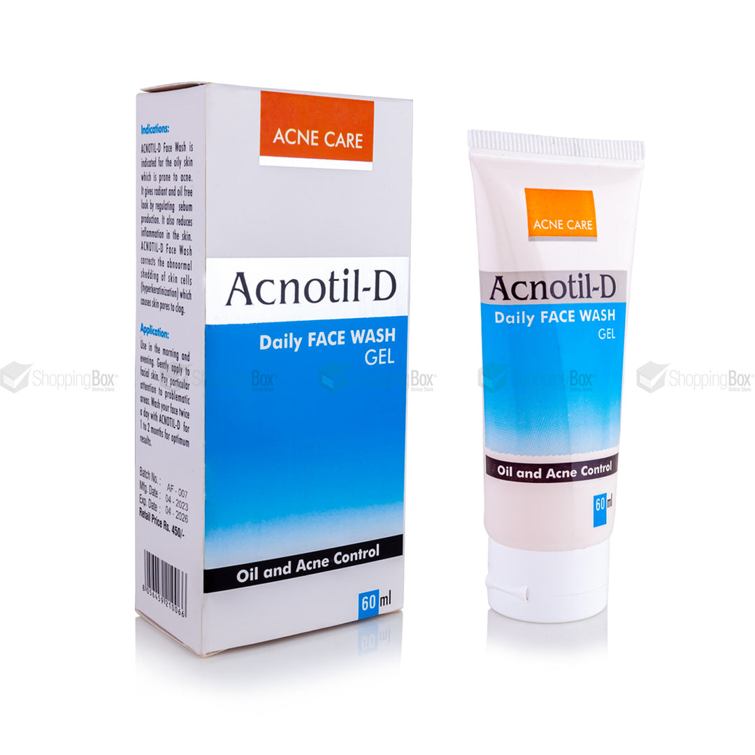 Packaging of Acnotil-D Daily Face Wash, showing the box and the tube of the product with branding and product information.