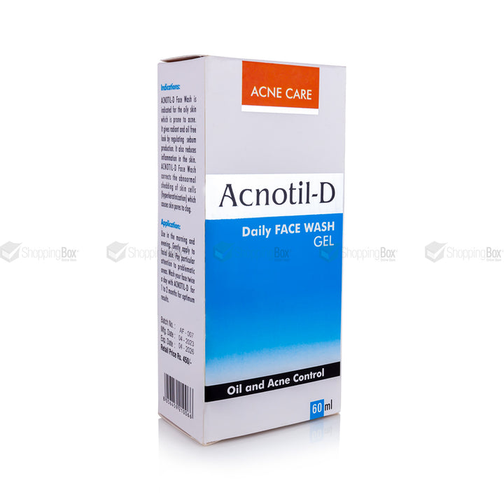 Front packaging of Acnotil-D Daily Face Wash Gel 60ml showing acne-care label and blue gradient design.