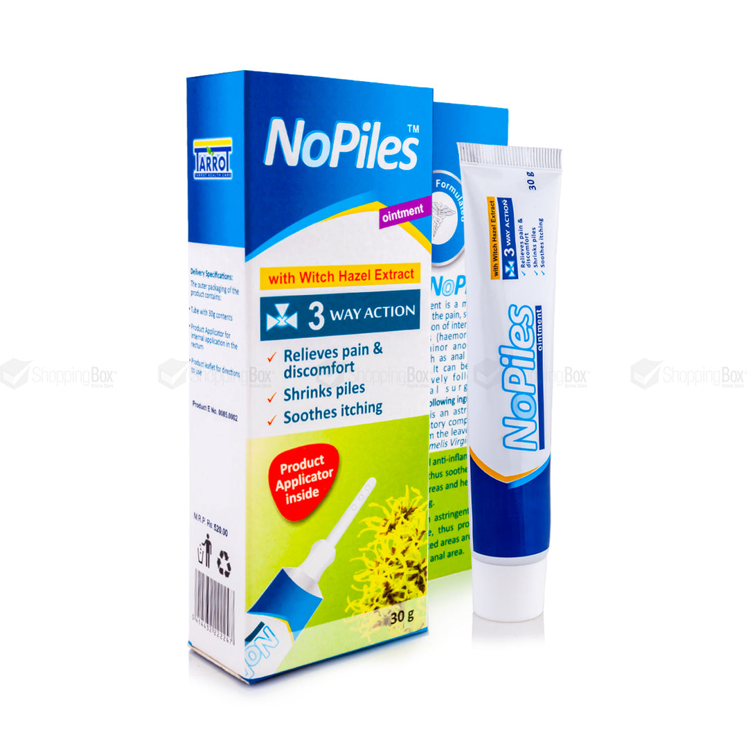 Front packaging of NoPiles Ointment 30g showing 3-Way Action benefits and Witch Hazel Extract