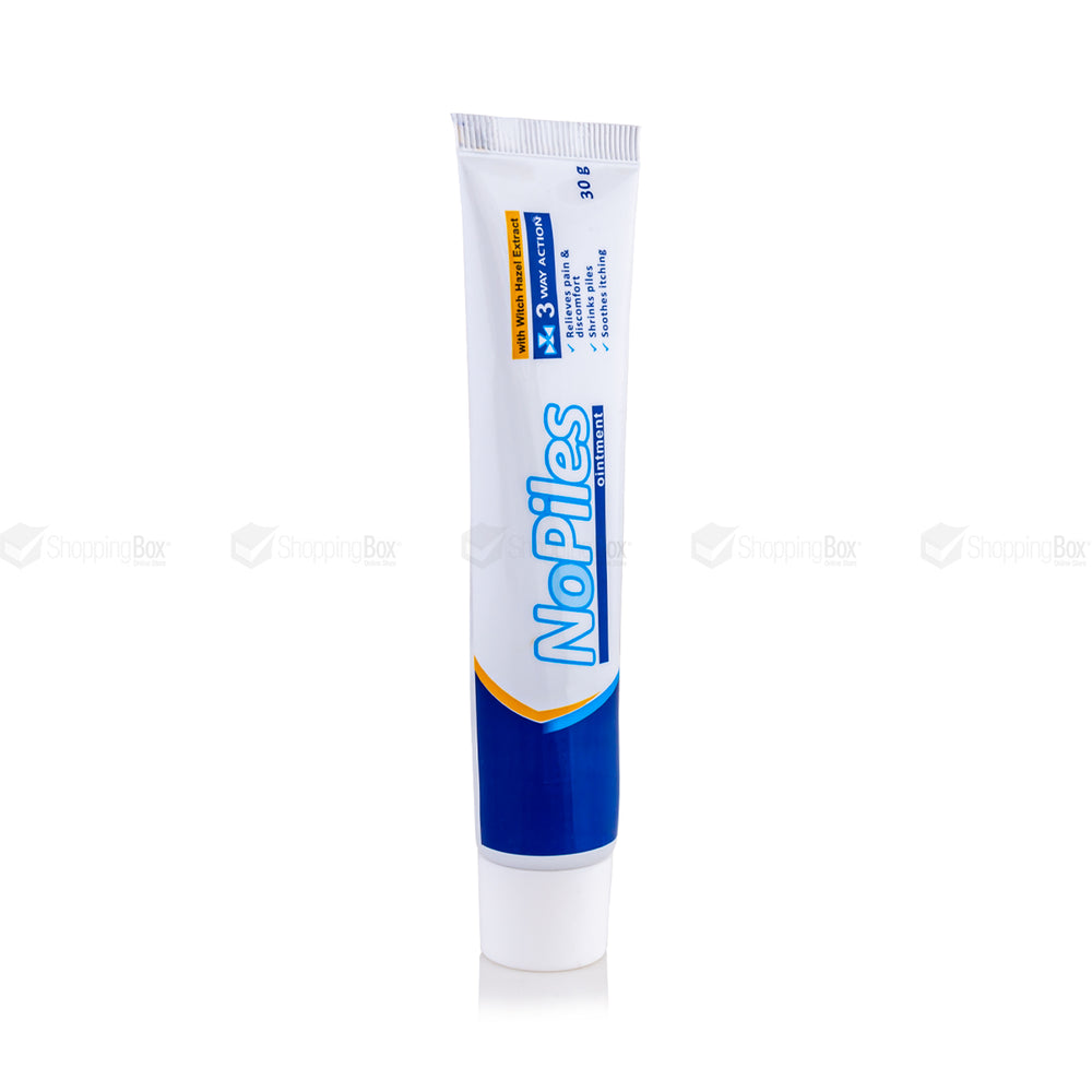 Tube of NoPiles Ointment with product name and usage details.
