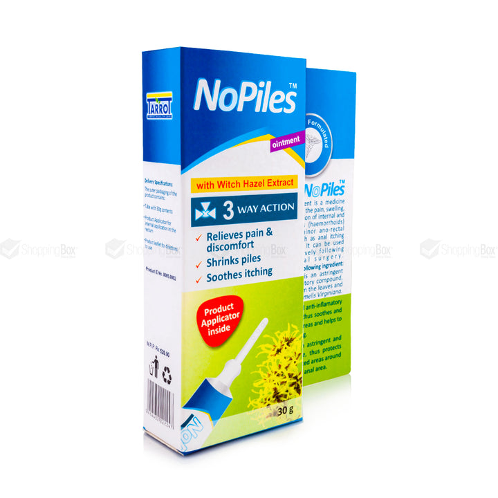 Box and tube of NoPiles Ointment displayed with yellow Witch Hazel extract image.