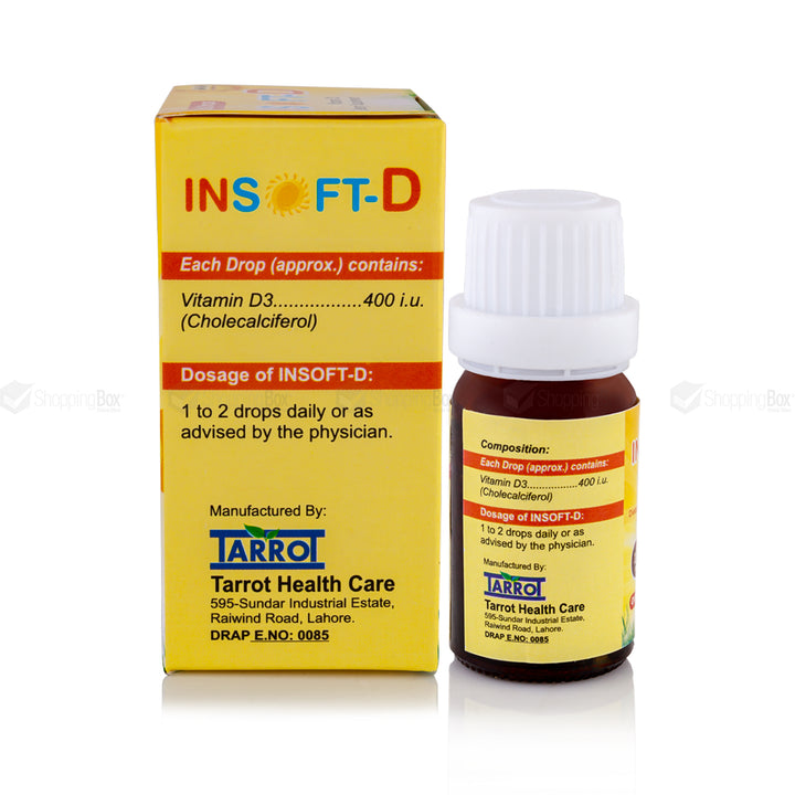 Back side showing dosage and manufacturer details of Insoft-D Vitamin D3 Drops.
