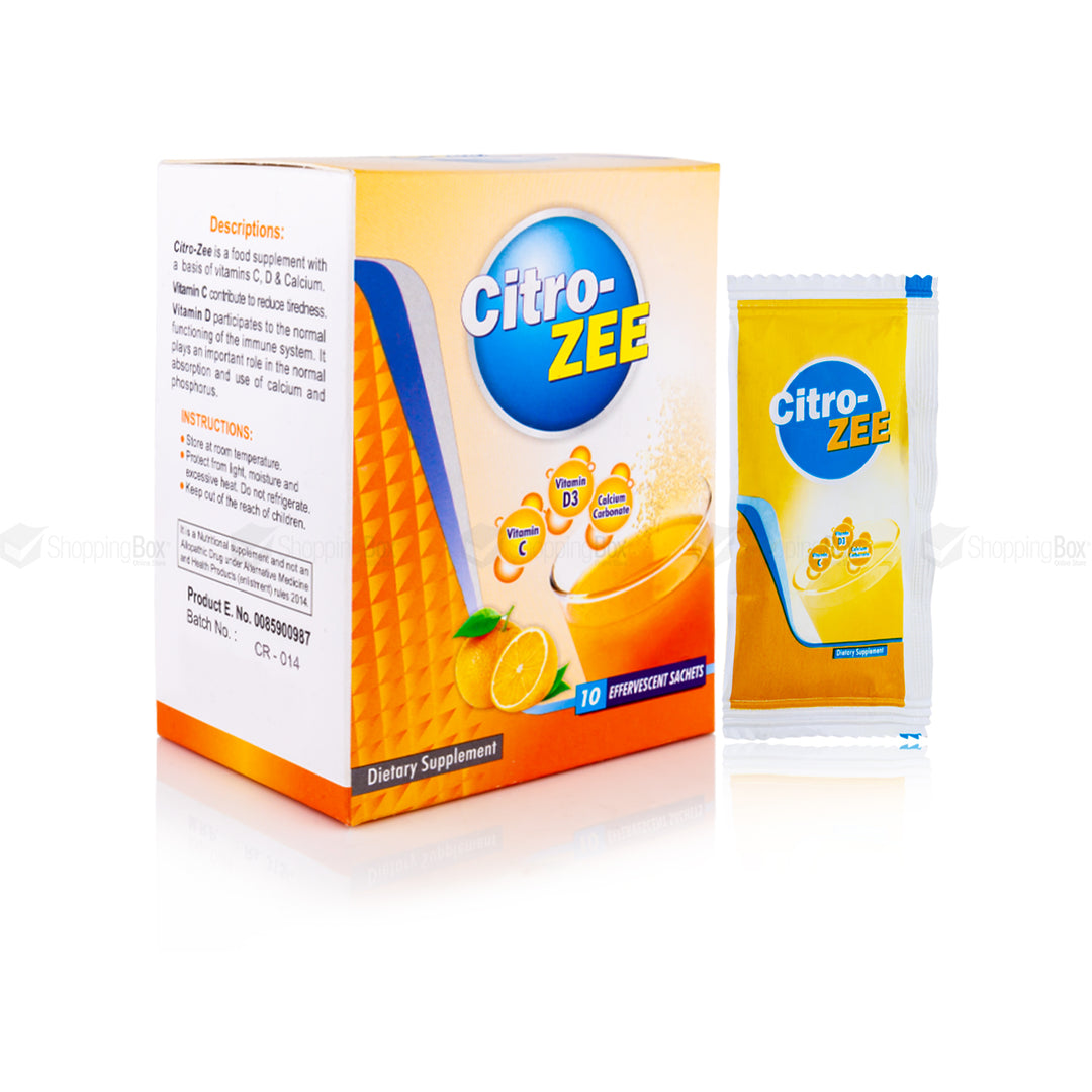 Front packaging of Citro-ZEE 10 Sachets showing Vitamin C + D3 + Calcium benefits.