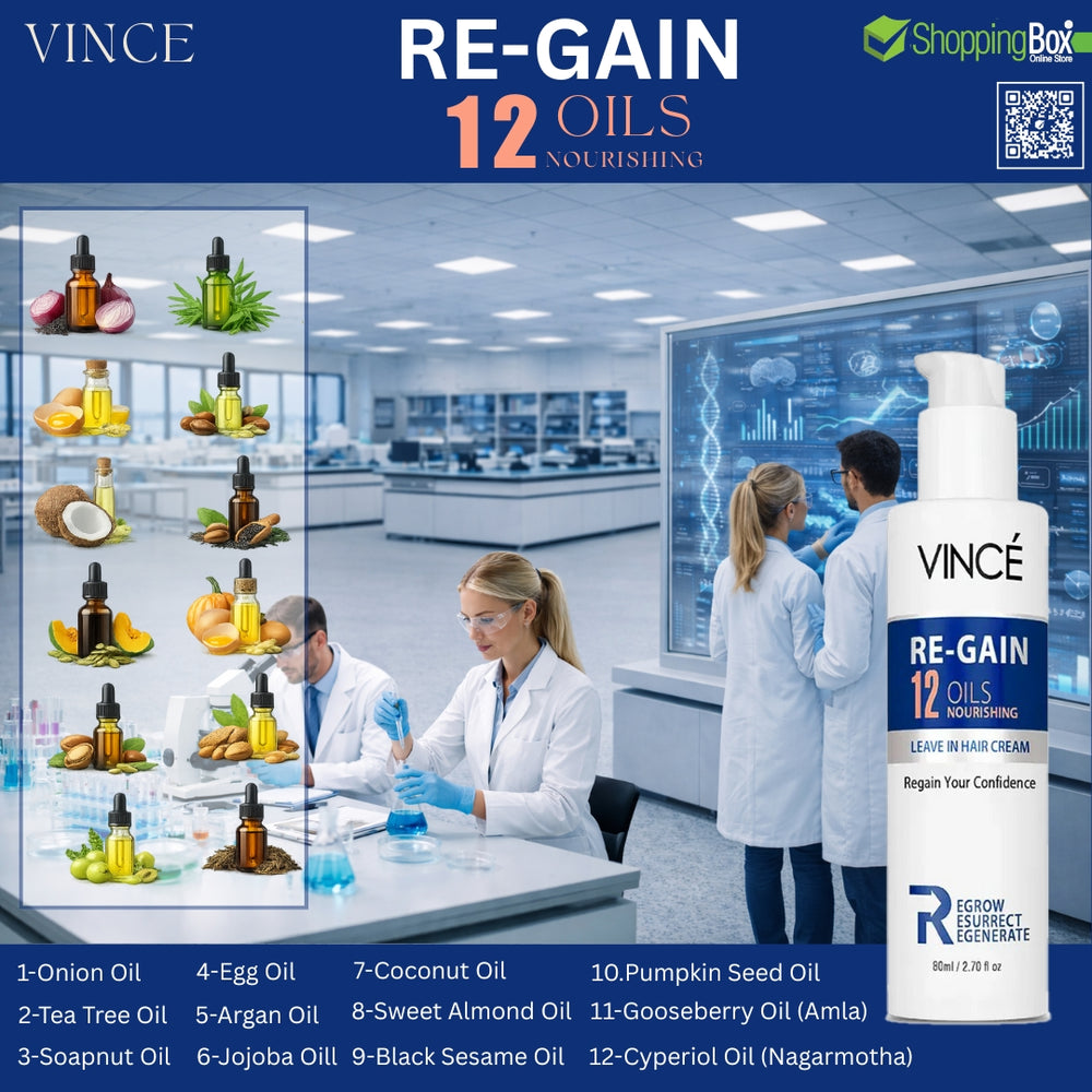 Vince Re-Gain 12 Oils product with laboratory setting and scientists in the background