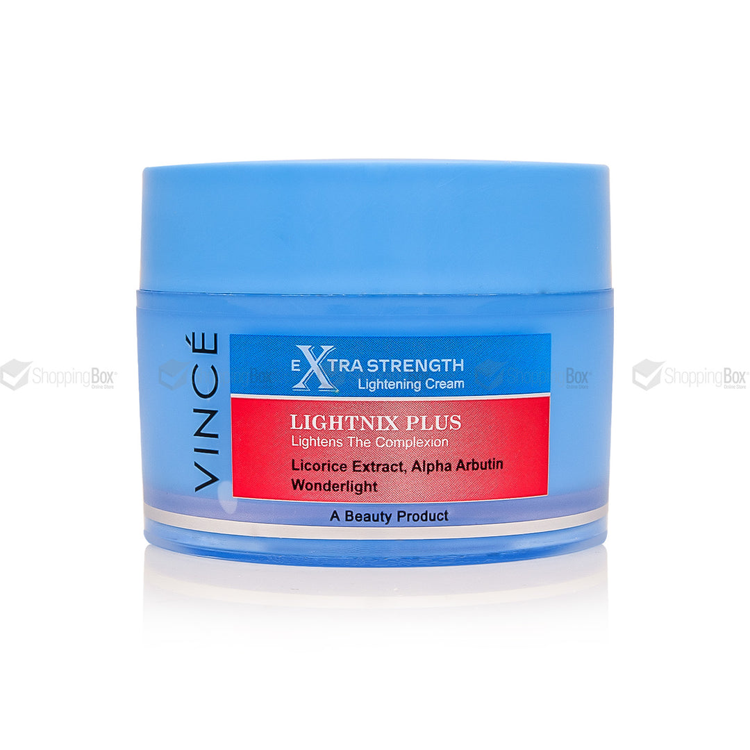 Blue jar of Vince Extra Strength Lightening Cream on a white background
