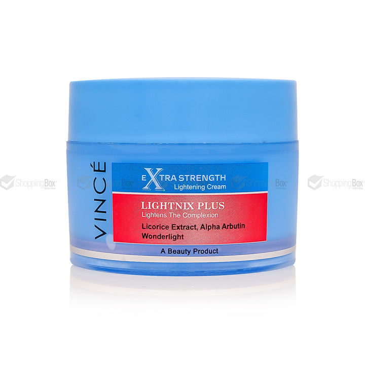 Blue jar of Vince Extra Strength Lightening Cream on a white background