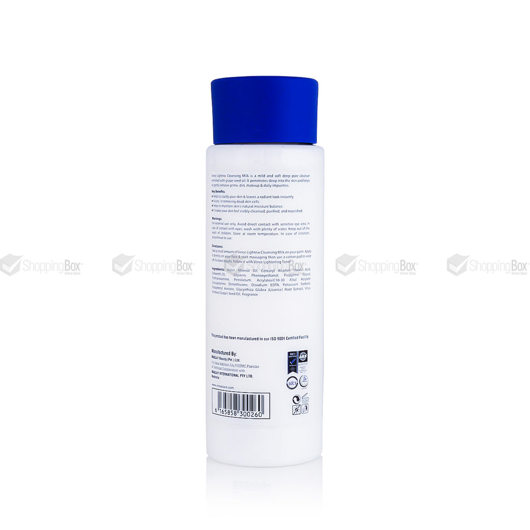 Vince Lightnix Cleansing Milk 160ml back label and ingredients