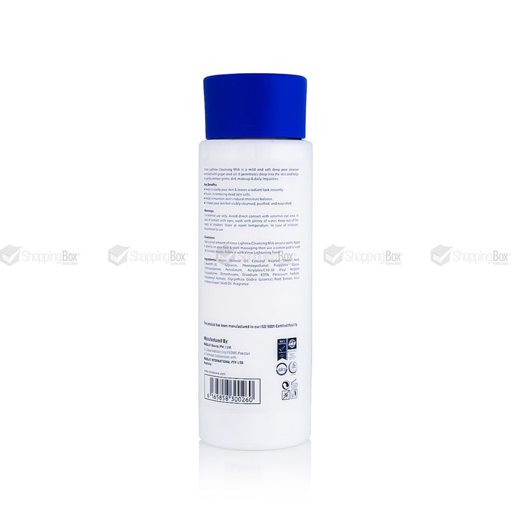 Vince Lightnix Cleansing Milk 160ml back label and ingredients