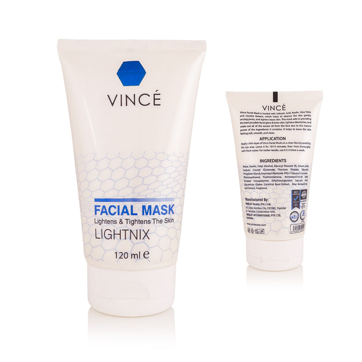 Two tubes of VINCE Lightnix Facial Mask, one showing the front with product information and the other showing the back with ingredients and usage instructions.