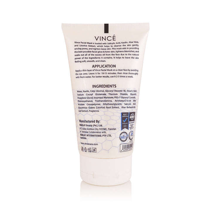 Back view of Vince Facial Mask Lightnix with ingredients and usage instructions.