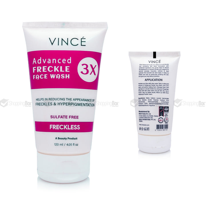 Vince Advanced Freckle Face Wash 3X sulfate-free front and back packaging 120ml