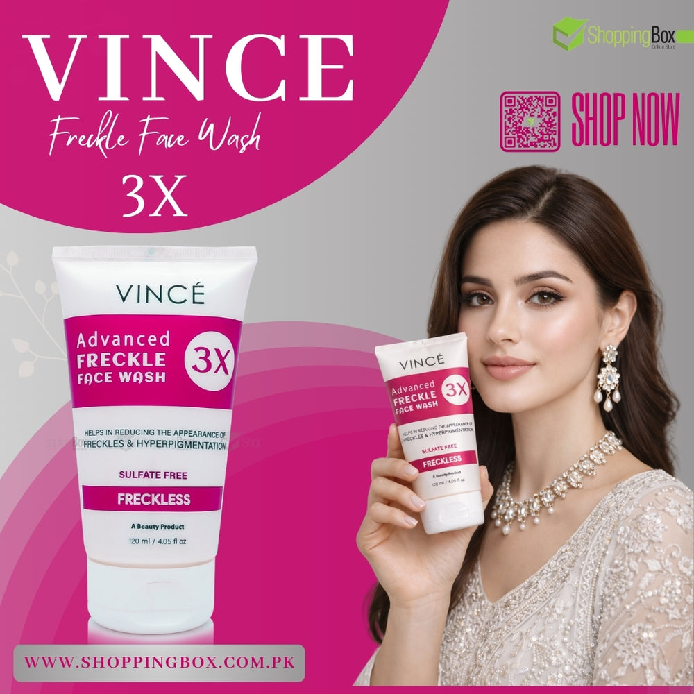 Vince Freckle Face Wash 3X packaging with a model holding the product for advertising Shopping Box.