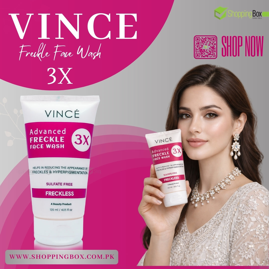 Vince Freckle Face Wash 3X packaging with a model holding the product for advertising Shopping Box.