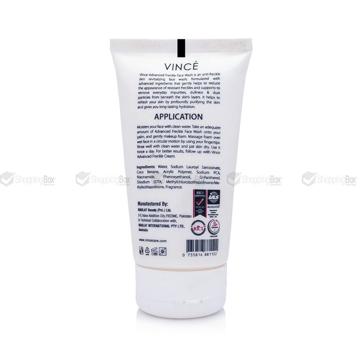 Vince skincare product packaging with application instructions on a white background