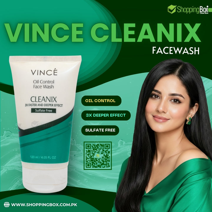 Vince Cleanix face wash with a beautiful woman modle in a green dress on a green background advertising for Shopping Box.