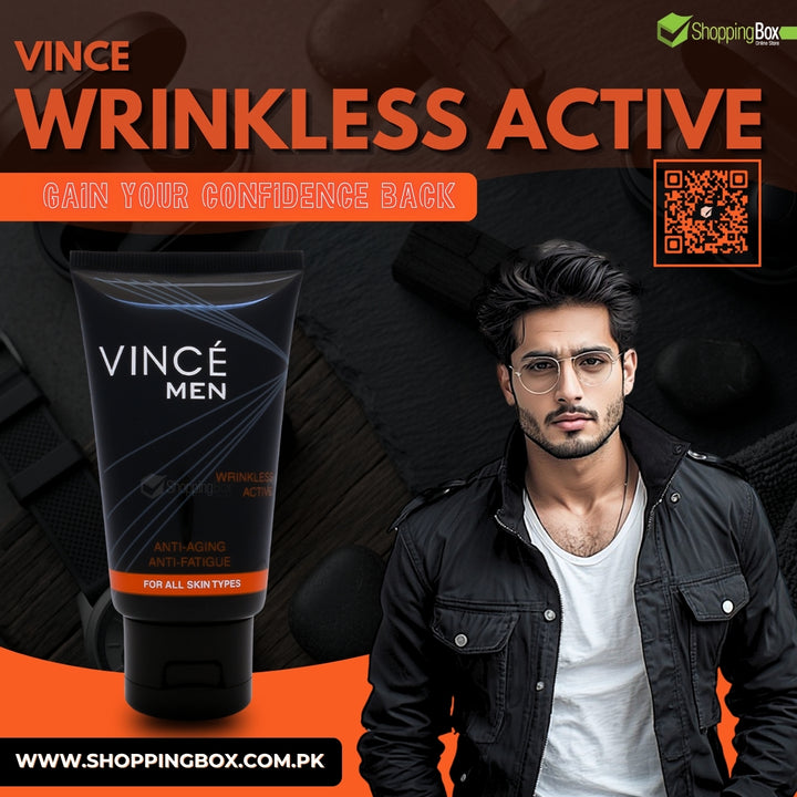 Vince Men Wrinkless Active premium skincare poster with male model