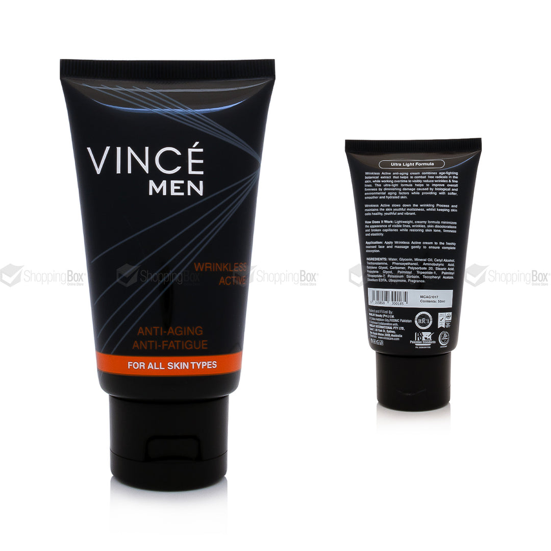 Vince Men Wrinkless Active Anti-Aging Cream 50ml front and back tube packaging