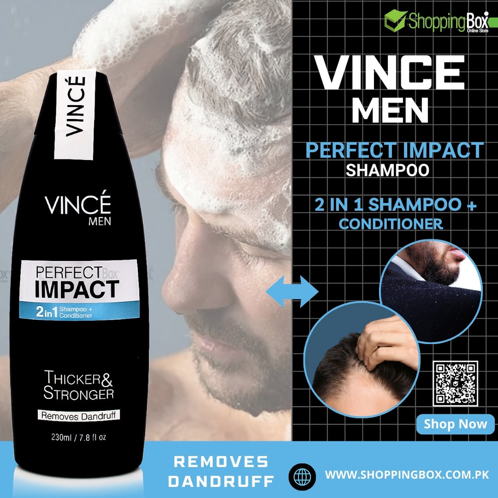 Vince Men Perfect Impact 230ml black bottle isolated product image with man shampoo his hair