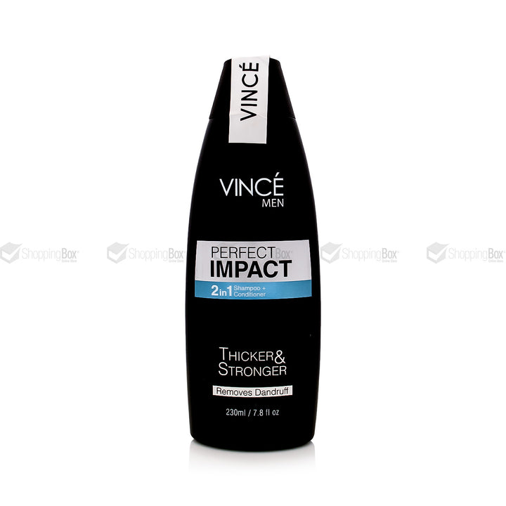 Shampoo bottle labeled 'Vince Men Perfect Impact' on a white background