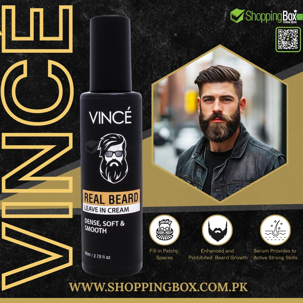 Vince Real Beard Leave In Cream bottle with a man with a beard and the ShoppingBox logo.
