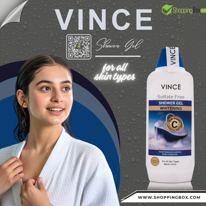 Promotional image of Vince Whitening Shower Gel highlighting brightening benefits, Available at Shopping box.