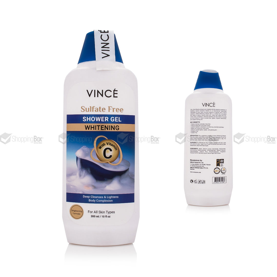 Front and back view of Vince Whitening Shower Gel 300ml sulfate-free bottle with Vitamin C. 