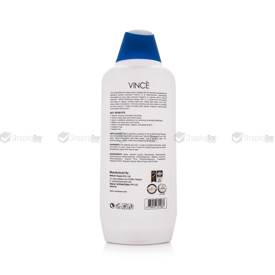Back view of Vince Whitening Shower Gel showing ingredients and usage instructions.