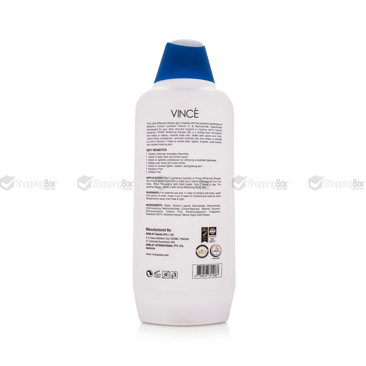 Back view of Vince Whitening Shower Gel showing ingredients and usage instructions.